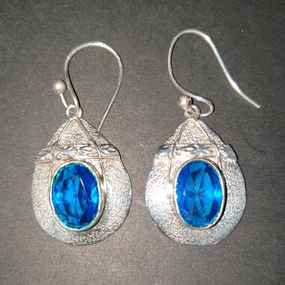 Rare Vintage Art Deco Handcrafted 925 Silver Blue Czech Glass Dangle Earrings